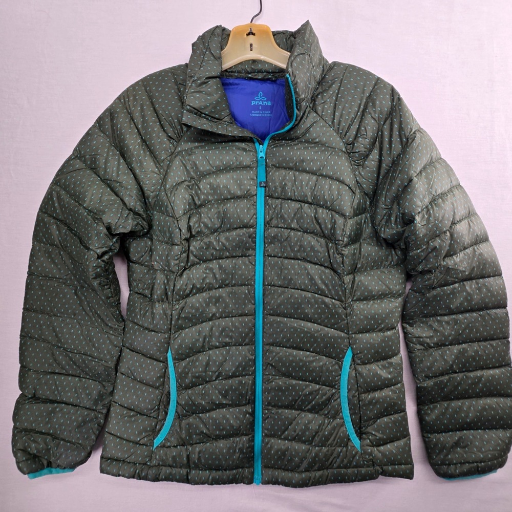 Prana Puffer Jacket Womens Small Green Blue Dot Quilted Down Insulated Full Zip